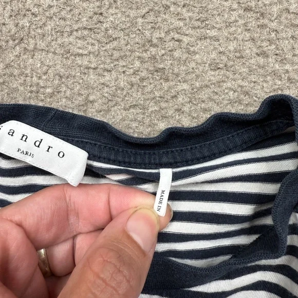 Sandro Paris Shirt Womens Medium M Black Short Sleeve Striped Crop - Picture 7 of 9